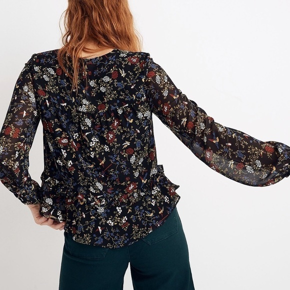MADEWELL Sheer-Sleeve Ruffle Peplum Top in Finch Floral - Picture 2 of 13